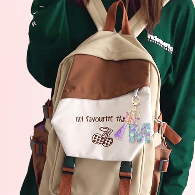 Suweibuke Colourful Cute Initial Letter Keychains for Women Girls with Tassel Butterfly, Charm for Purse Handbags Backpacks