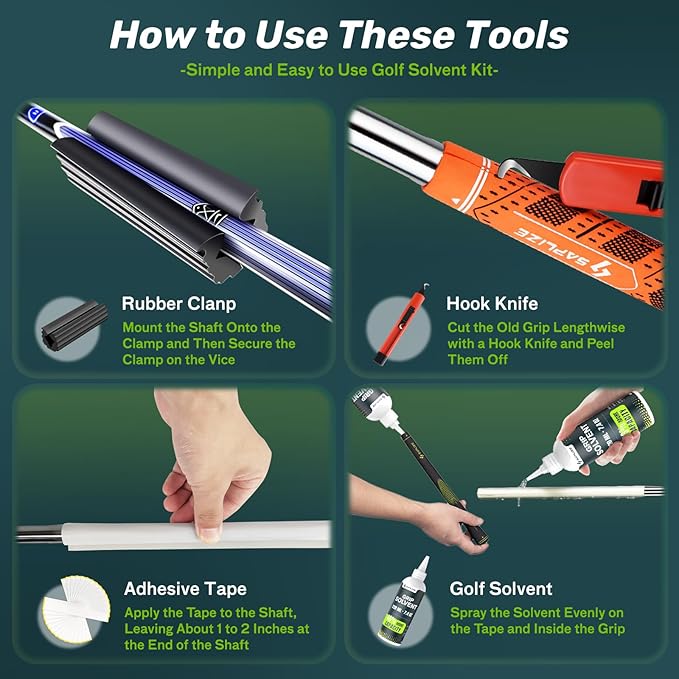 SAPLIZE Professional Golf Grip Kits for Regripping– Optional 5oz/7.4oz Grip Solvent, Pro/Standard Hook Blade, 15/30 Grip Tapes and Rubber Vise Clamp