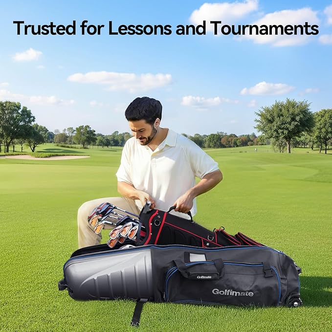 Golf Travel Bag for Airlines with Carbon Fiber Look Hard Top, Protective Club Traveling Cover with Wheel, Golf Club Carrier Case for Airplanes, Thick Padding, Durable Zippers, 2 Spacious Side Pockets