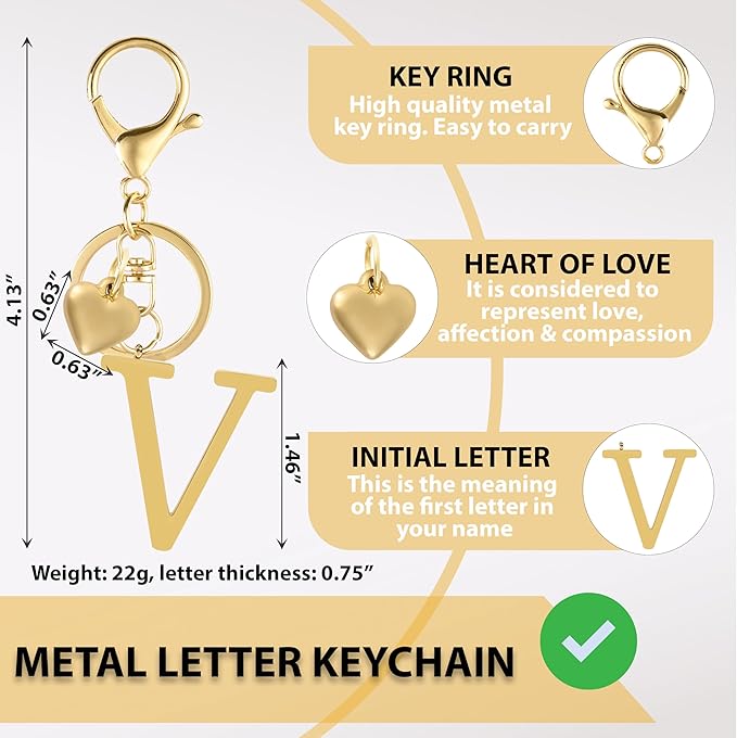 Metal Heart Alphabet Keychain for Women, Girls - Cute Initial Letter Accessories for Purse, Bag Charms and Backpack