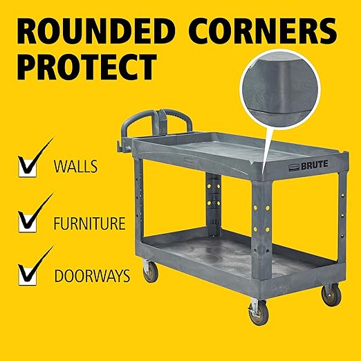 Rubbermaid Commercial Products BRUTE Heavy Duty 2-Shelf Utility/Service Cart, Large, Lipped Shelves, Ergonomic Handle, 750 lbs. Capacity, Black, for Warehouse/Garage/Cleaning/Maintenance/Stadiums