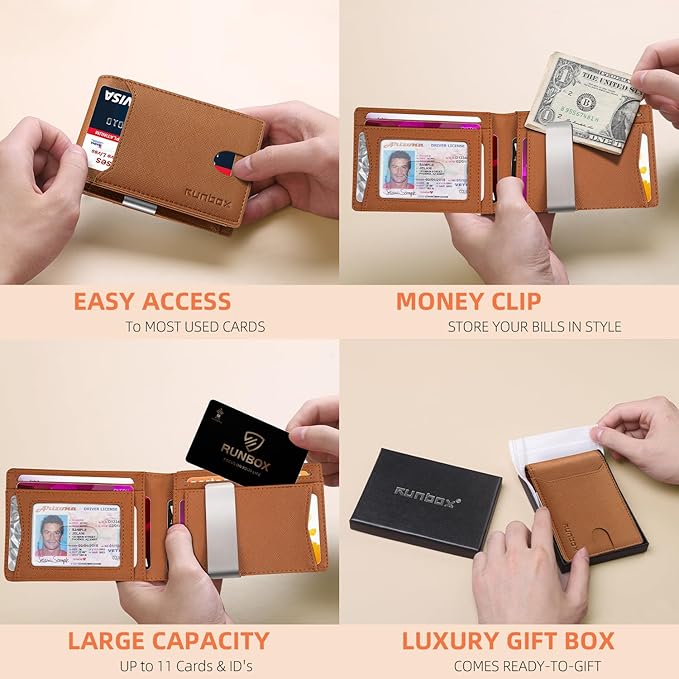 RUNBOX Money Clip Wallets for Men,Slim Leather Mens Bifold Wallet,RFID Blocking Front Pocket Wallet,Thin Credit Card Holder with Gift Box