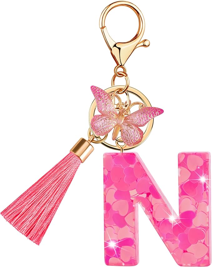 Suweibuke Colourful Cute Initial Letter Keychains for Women Girls with Tassel Butterfly, Charm for Purse Handbags Backpacks