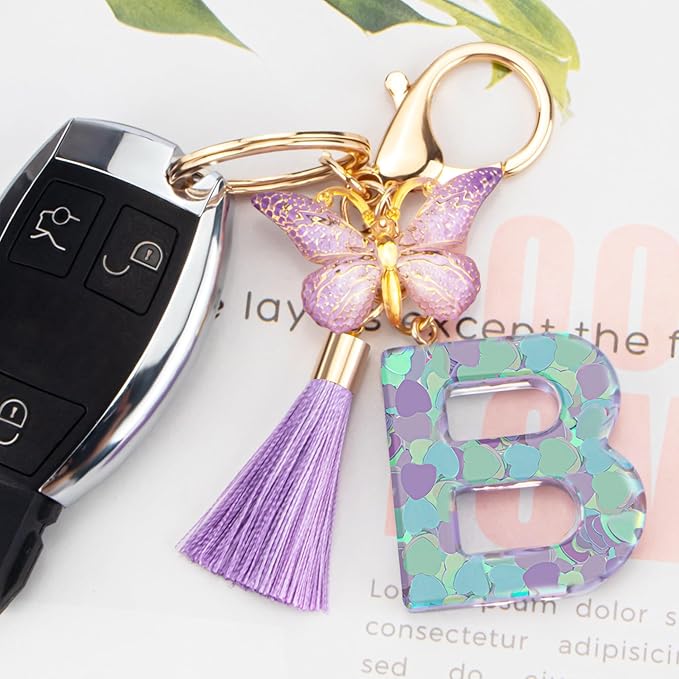 Suweibuke Colourful Cute Initial Letter Keychains for Women Girls with Tassel Butterfly, Charm for Purse Handbags Backpacks