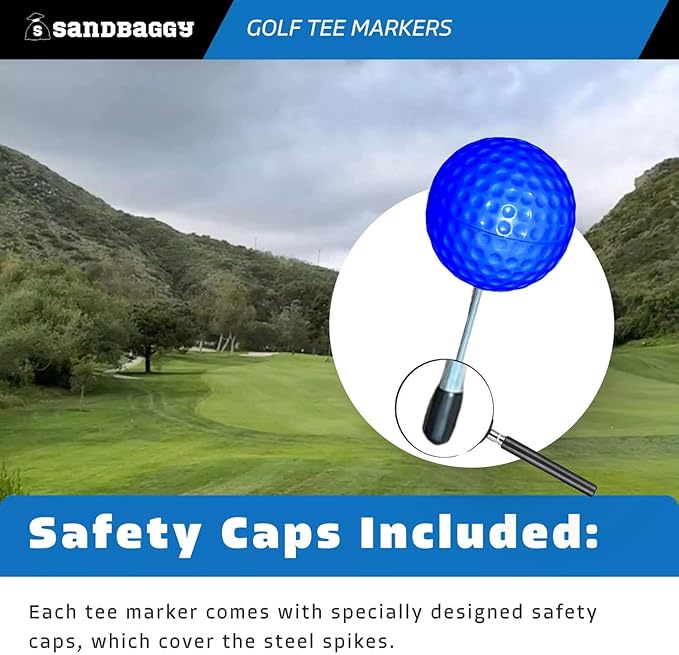 Sandbaggy Plastic Tee Markers for Golf Course (UV Resistant) - Steel Spike - Safety Caps Included