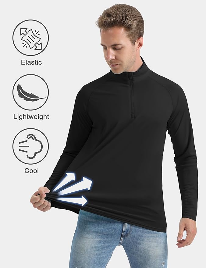 CRYSULLY Men's Long Sleeve 1/4 Zip Shirts Sun Protection Pullover UPF 50+ Rash Guard Running Lightweight T Shirt