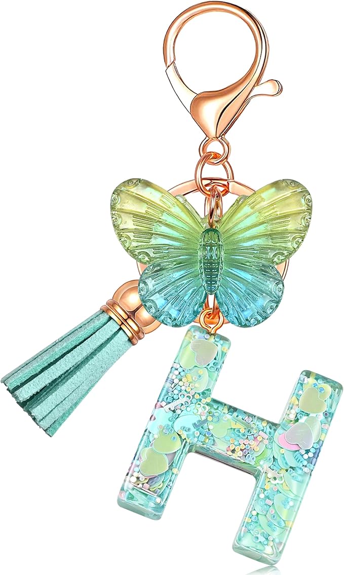 JINGUAZI Initial letter Keychains for Women Tassel Butterfly Pink Purple Cute Car Keychain for Wallet Backpack bag charm
