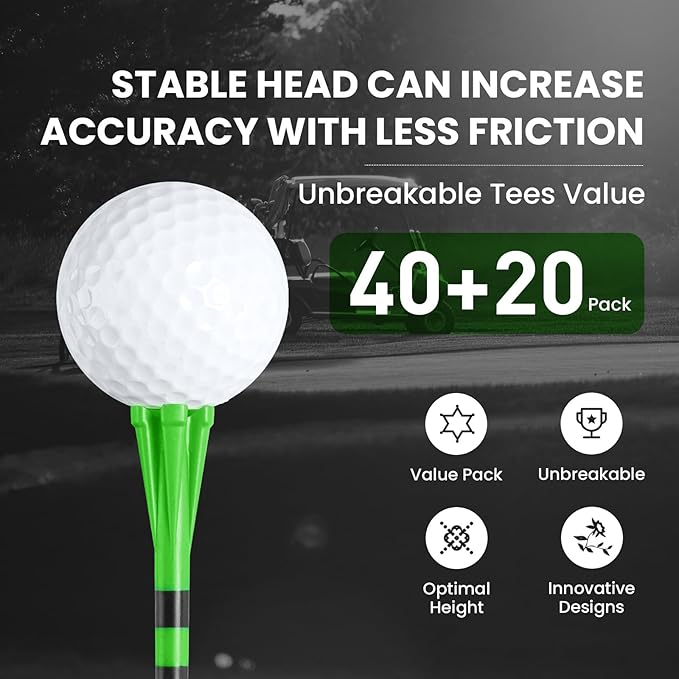 Golf Tees Plastic Unbreakable 60 Pack 2 3/4 or 3 1/4 Inch with 20 More Short Tees 1 1/2 Inch Red Green Pink