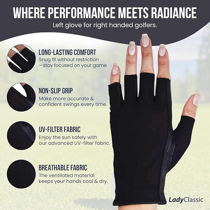 Solar Tan Women’s Half Golf Glove | SPF 10 UV-Filter Fabric, Breathable Cooling Fingerless Design for Even Tan