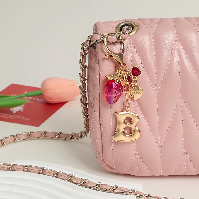 Snycler Bubble Initial Keychain with Strawberry & Bow- Gold Letter Bag Charms for Women, Cute Purse Handbag Accessories