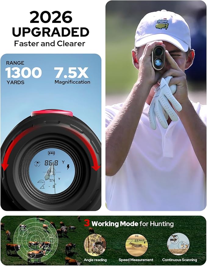 GF2 Golf Rangefinder with Slope, 1300 Yards Laser Range Finder, 7.5X Magnification, Flag Pole Locking Vibration 0.3 Yard Accuracy, Rechargeable Magnetic Golf Accessories Gift for Men Women