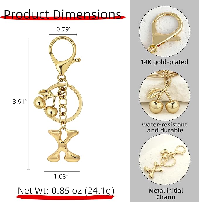 Gold Bubble Heart, Cherry, Bow & More Designs Letter Initial Keychain Bag Charms – Cute Purse Charms for Handbags