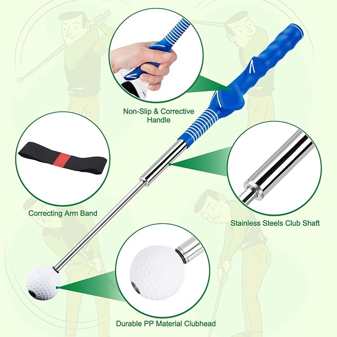 welspo Retractable Golf Swing Trainer Aid with Arm Band, Rhythm Click Sound, Warm-Up and Grip Trainer, Right-Handed Golf Club for Improve Chipping and Hitting Strength