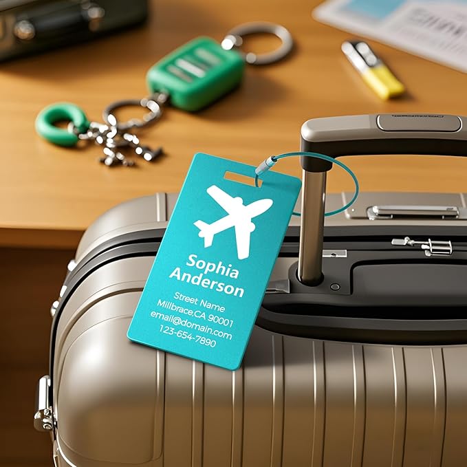 Personalized Metal Luggage Tags, Custom Suitcase Aluminum Name Tags with 5.9in Steel Ring, Laser Engraved Text and Logo, for Travel Gift, Baggage, Golf Bag (Lake Blue)