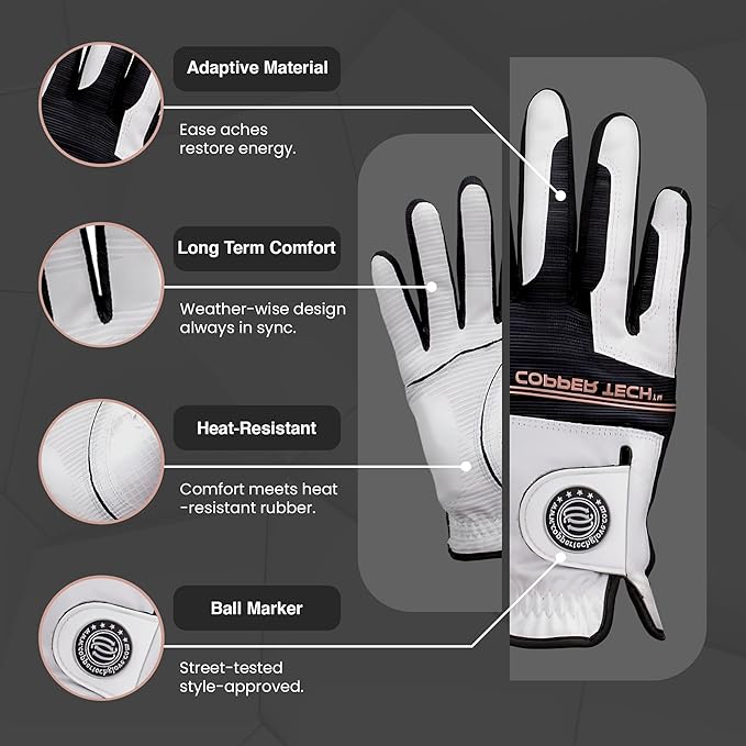 Copper Infused Golf Glove for Men – White/Black – Single Pack – Compression Fit, Arthritis Relief, Non-Slip Grip – USGA Approved