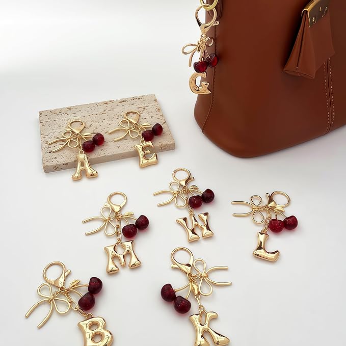 Gold Bubble Heart, Cherry, Bow & More Designs Letter Initial Keychain Bag Charms – Cute Purse Charms for Handbags