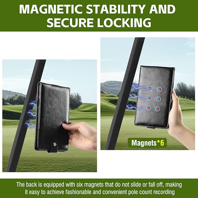 Archerest Magnetic Golf Scorecard Holder, 7.48" x 4.33" Premium Leather Yardage Book Cover Golf with A Pencil and Five Double Sided Printed Scorecards, Golf Accessories and Scorecard Book