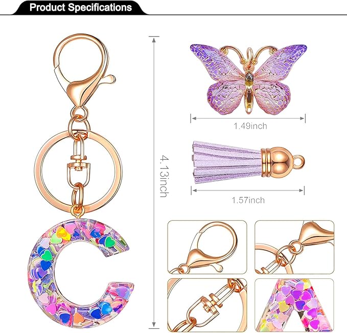 JINGUAZI Initial letter Keychains for Women Tassel Butterfly Pink Purple Cute Car Keychain for Wallet Backpack bag charm