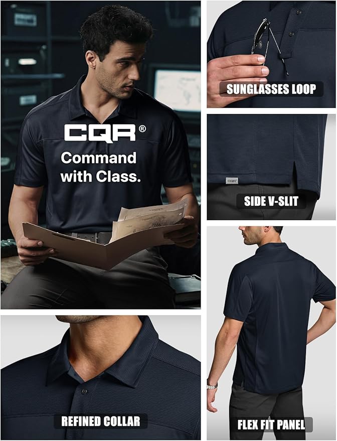 CQR Men's Polo Shirts, Tactical Short Sleeve Golf Performance Shirts, Lightweight Dry Fit UPF 50+ Pique