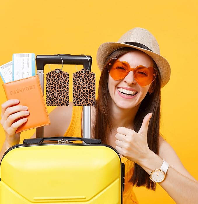 TSA Approved Luggage Tags for Suitcases Cheetah Leopard 2 Pack Funny Leather Carnival Cruise Airport Cute Travel Name Tags Golf Bag tag Ships Essentials Privacy Cover ID Label for Women Men