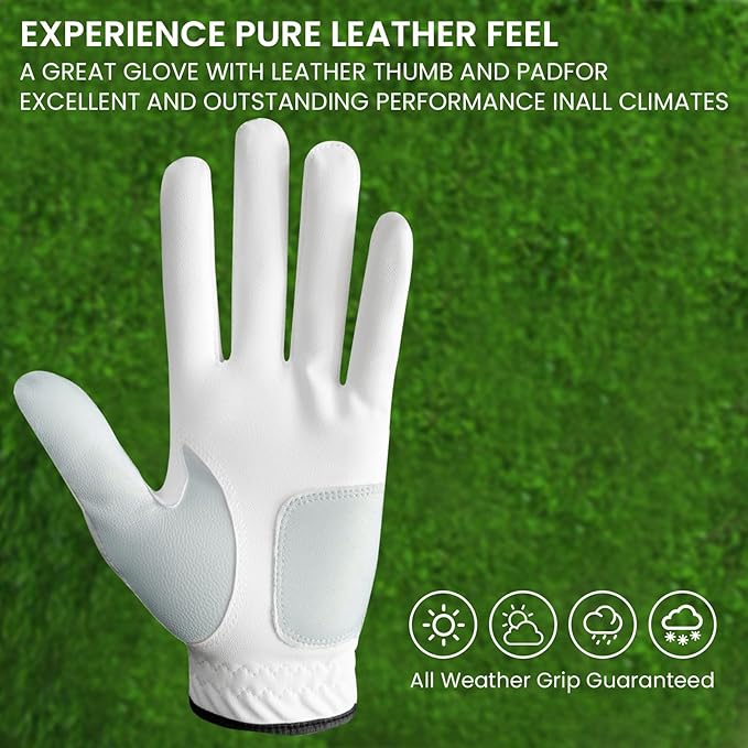 Golf Gloves Men Leather Value 1 Pair with 2 Ball Marker 10 Golf Plastic Tees, Men's Golf Gloves All Weather Grip Soft Comfortable Set for Left Right Handed Golfer