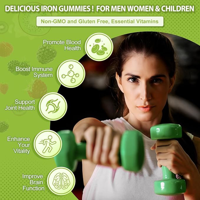 Iron Supplement for Women, Men & Kids, 65mg & Vitamin C 250mg per Serving with B6 B12 Folate- Energy Support for Iron Deficiency, Anemia, Vegan GummyRaspberry Kiwi & BlackBerry Flavor, 60 Gummies