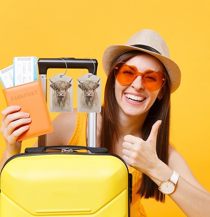 TSA Approved Luggage Tags for Suitcases Highland Cow 2 Pack Funny Leather Carnival Cruise Airport Cute Travel Name Tags Golf Bag tag Ships Essentials Privacy Cover ID Label for Women Men