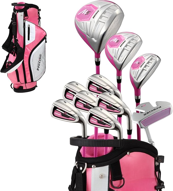 Precise M5 Womens Golf Clubs Full Set, Titanium Driver, S.S. Fairway, S.S. Hybrid, S.S. 5-PW Irons, Putter, Stand Bag, 3 H/C's, Golf Clubs Women Right Handed, Pink