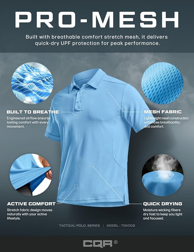 CQR Men's Polo Shirts, Tactical Short Sleeve Golf Performance Shirts, Lightweight Dry Fit UPF 50+ Pique