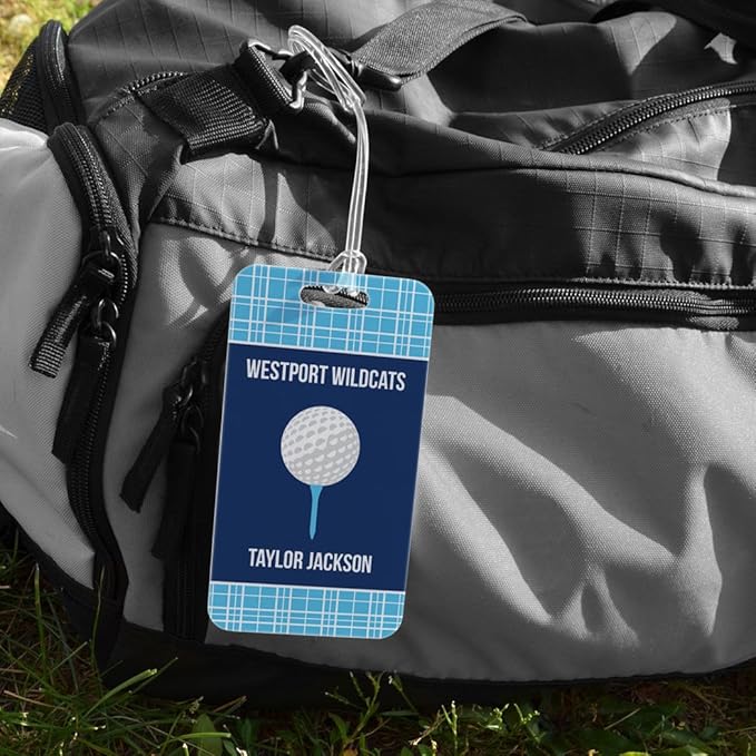 ChalkTalkSPORTS Golf Luggage & Bag Tag | Personalized Team with Golf Ball | Standard Lines on Back | Large | Carolina/Navy