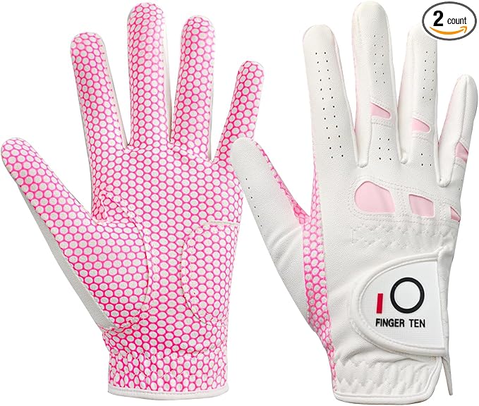 FINGER TEN Non Slip Golf Gloves Women 2 Pack for Left Right Handed Golfers, All Weather Grip & Comfortable Glove for Serious Performance, Fit Size Medium Small Large