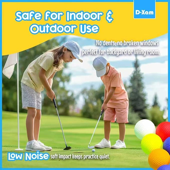 D-Xam Foam Golf Balls Bulk Practice Golf Ball Soft Multicolor, Yellow, White or Orange | Long Lasting & Realistic Feel | Limited Flight Use Indoors Outdoors Backyard Training
