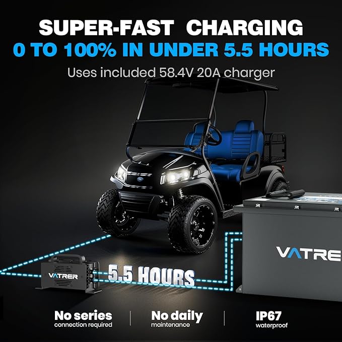 48V 105Ah Narrow Lithium Golf Cart Battery, Built-in Smart 200A BMS, with Touch Monitor & APP, 4000+ Cycles LiFePO4 Battery, Max 10.24kW Power Output, 2C Discharge, Perfect for Golf Carts