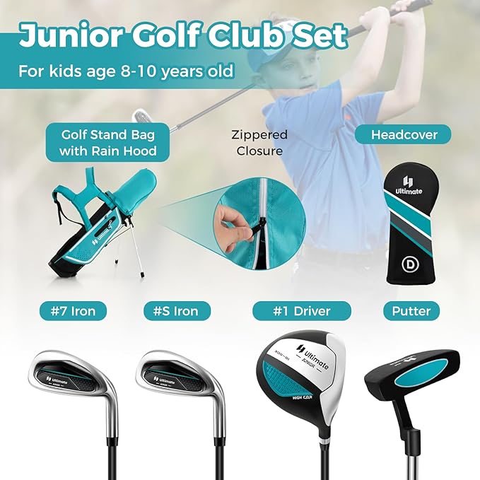 Goplus Junior Complete Golf Club Set for Kids, Right Hand Golf Clubs with Stand Bag, Rain Hood, Golf Practice Set for Ages 5-7,8-10,11-13 Boys Girls