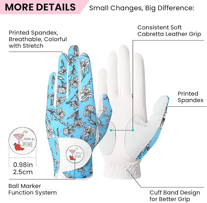 Golf Gloves Women with Ball Marker 2 Pack, Right Handed Golfer Left Hand, Ladies Breathable Soft All Weather Grip Glove Fit Size Small Medium Large XL
