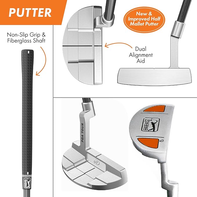PGA Tour Youth Golf Club Set for Ages 8-12 (4’8”-5’2”) and 12+ (5’2”+), Right and Left-Handed Kids Golf Sets – Beginner Junior Golf Clubs with Lightweight Stand Bag, Mallet Putter, Hybrid, Driver