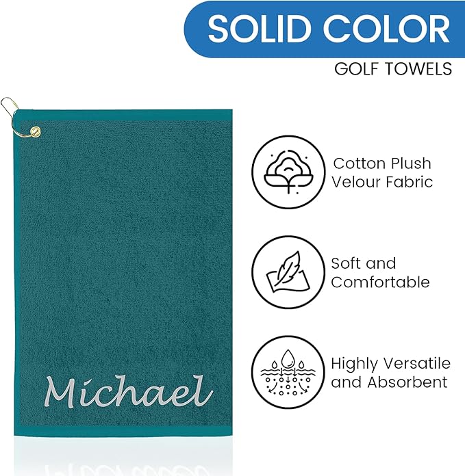 Personalized Passion Golf Towel with Embroidered Name - 16"x26" Custom Golf Towels with Clip - Soft & Highly Absorbent Plush Velour - Easily Wipes Away Sweat and Dirt - Gift for Golfers - Aqua