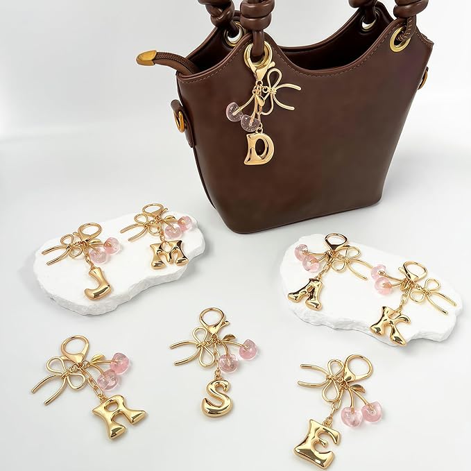 Gold Bubble Heart, Cherry, Bow & More Designs Letter Initial Keychain Bag Charms – Cute Purse Charms for Handbags