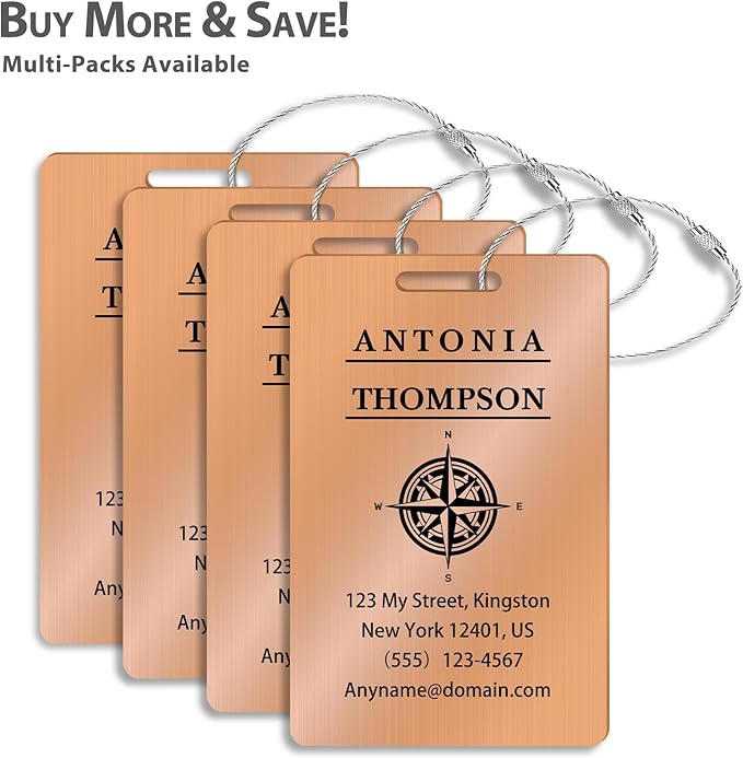 Custom Stainless Steel Luggage Tags (2 Pack) - Personalized Laser Engraved Luggage Tag, Waterproof Durable, for Bags, Backpack Travel, Suitcases (Rose Gold)