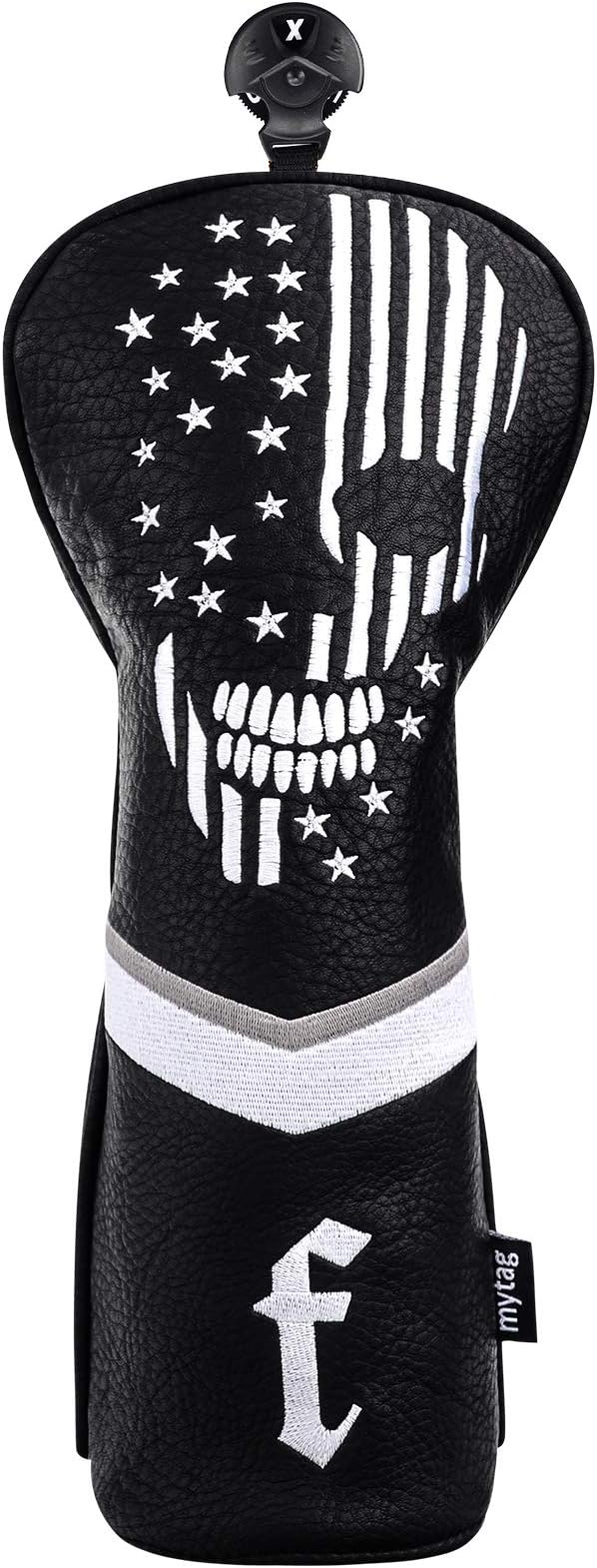 mytag Skull Skeleton Golf Head Covers Black Synthetic Leather Golf Headcovers Set Fits Driver Fairway Wood Hybrid/Utility Putter Iron Wedge Headcover