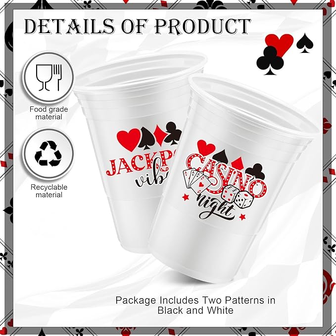 Norme 48 Pcs Casino Night Party Supplies Bulk 16 oz Casino Night Party Thick Plastic Disposable Cup Hot Cold Drink Wine Coffee for Home Casino Night Themed Holiday Party Supplies Favors