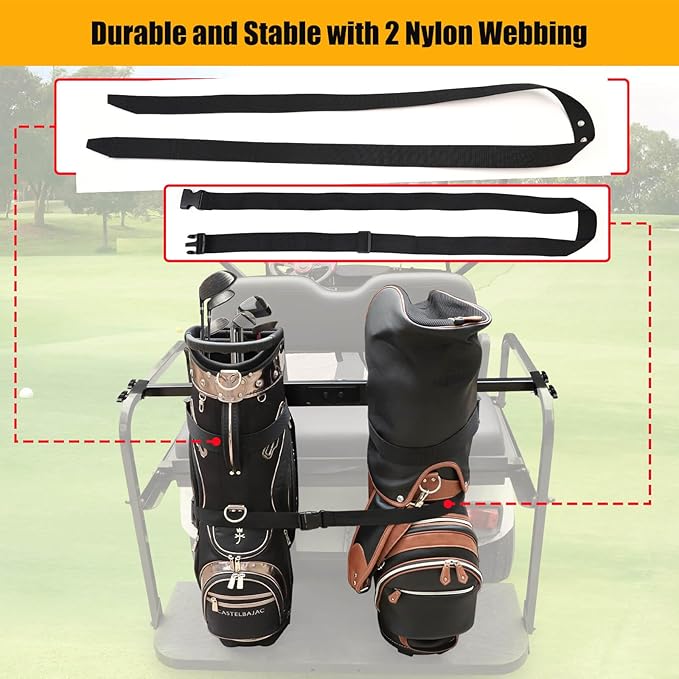 No Drilling Golf Cart Bag Holder Bracket for 2+2 Golf Cart Rear Seat with 1 Inch Square Tube, Universal Golf Bag Attachment Adjustable for EZGO Club Car Yamaha Golf Carts