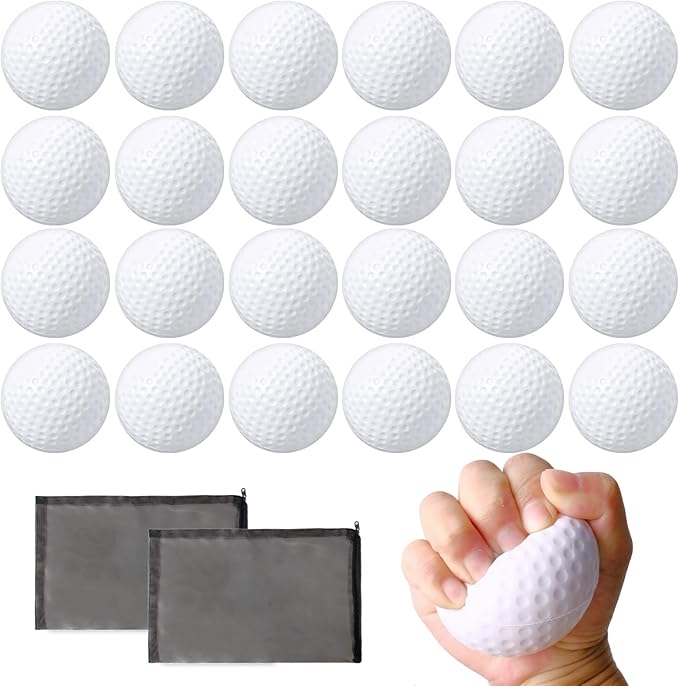 24 Pcs Mini Golf Stress Ball Bulk 2.5 Inch Foam Practice Balls for Stress Relief with 2 Black Mesh Storage Bags Sports Party Favors for Birthday Carnival Gift