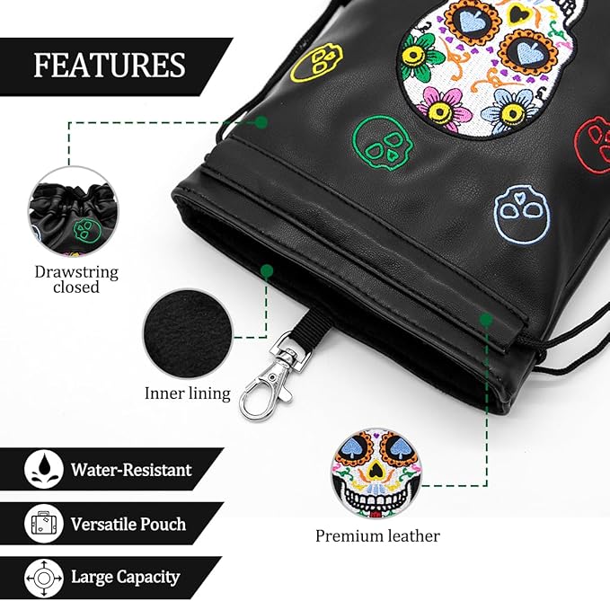 montela golf Valuables Pouch with Drawstrings Skeleton Golf Tee Pouch Leather Ball Bag for Men Women