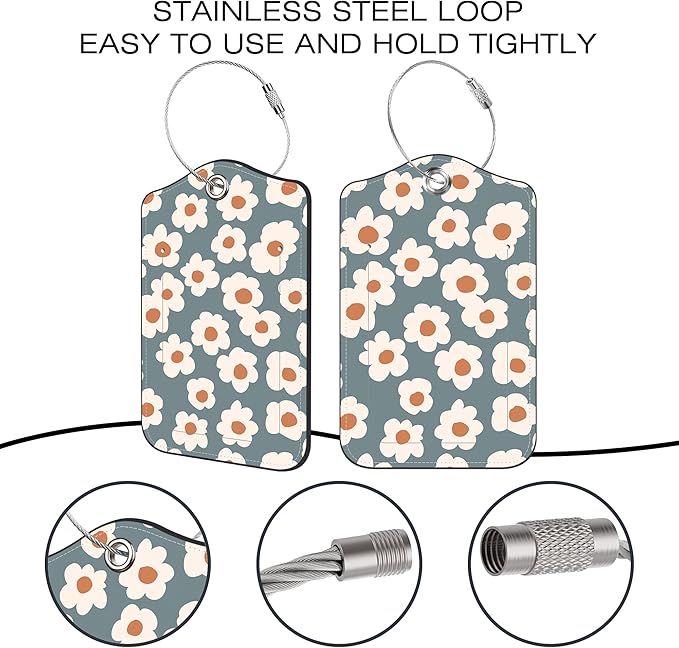 2 Pack Luggage Tags for Suitcase,Retro Floral PU Leather Luggage Tags with Privacy Cover Name Address Labels and Steel Ring,Creative Travel Accessories for Men and Women