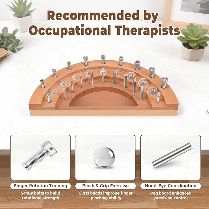 Triceratops Hand Therapy Finger Training Board, Multifunctional Wooden Dexterity Rehabilitation Tool for Stroke Recovery, Hand-Eye Coordination, Fine Motor Skills & Finger Strength Exercise, 27 Holes