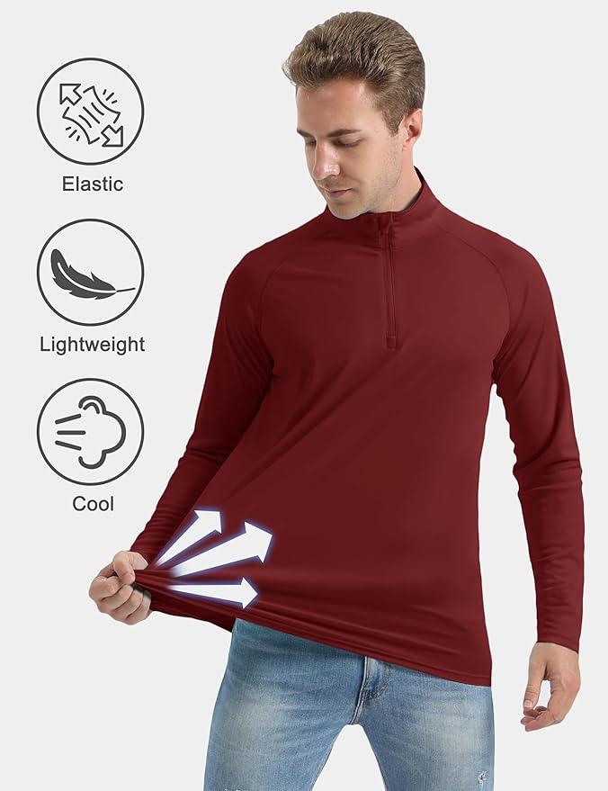 CRYSULLY Men's Long Sleeve 1/4 Zip Shirts Sun Protection Pullover UPF 50+ Rash Guard Running Lightweight T Shirt