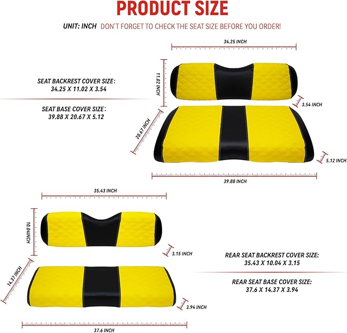 Golf Cart Front and Rear Seat Covers Waterproof and Sun Resistant Marine Grade Vinyl Leather Seat Cover Accessories for EZGO RXV 2008+, Yellow(4PCS)
