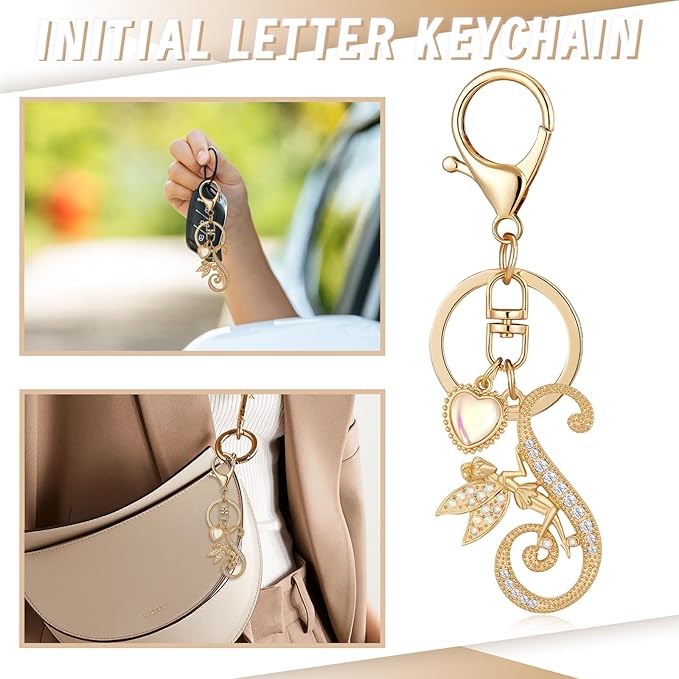 Gold Plated Alphabet Initial Letter Keyring Keychain for Women Girls Crystal Key Chains for Wallet Backpack Bag Charm