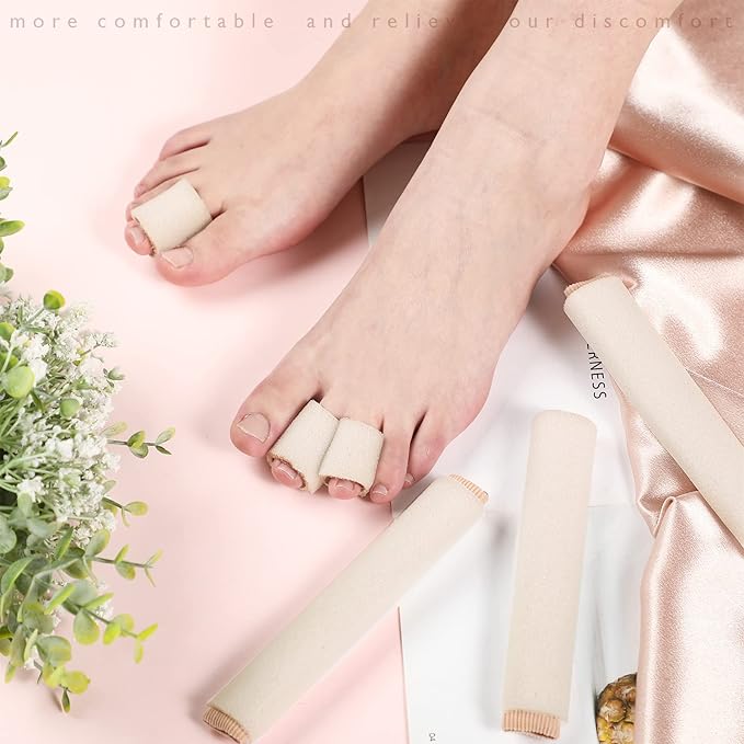 Tondiamo 6 Pieces Foam Toe Protector Sleeves Foam Bandages Tube Toe Cushion for Feet, Bunion, Hammer, Callus Corn, Bliste, Pain Relief(Medium,Beige)